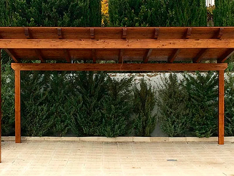 Pérgola madera piscina Semasa Corte de tableros a medida en Boadilla del Monte